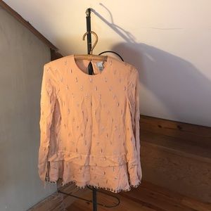 H&M Peach Tan Silk Beaded Long Sleeve Blouse, EUC, 6/M